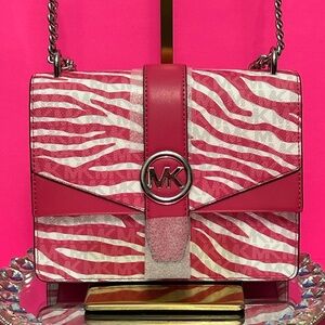 Michael Kors Pink and White Zebra Crossbody Bag Approx. 8 x 6.5 x 3